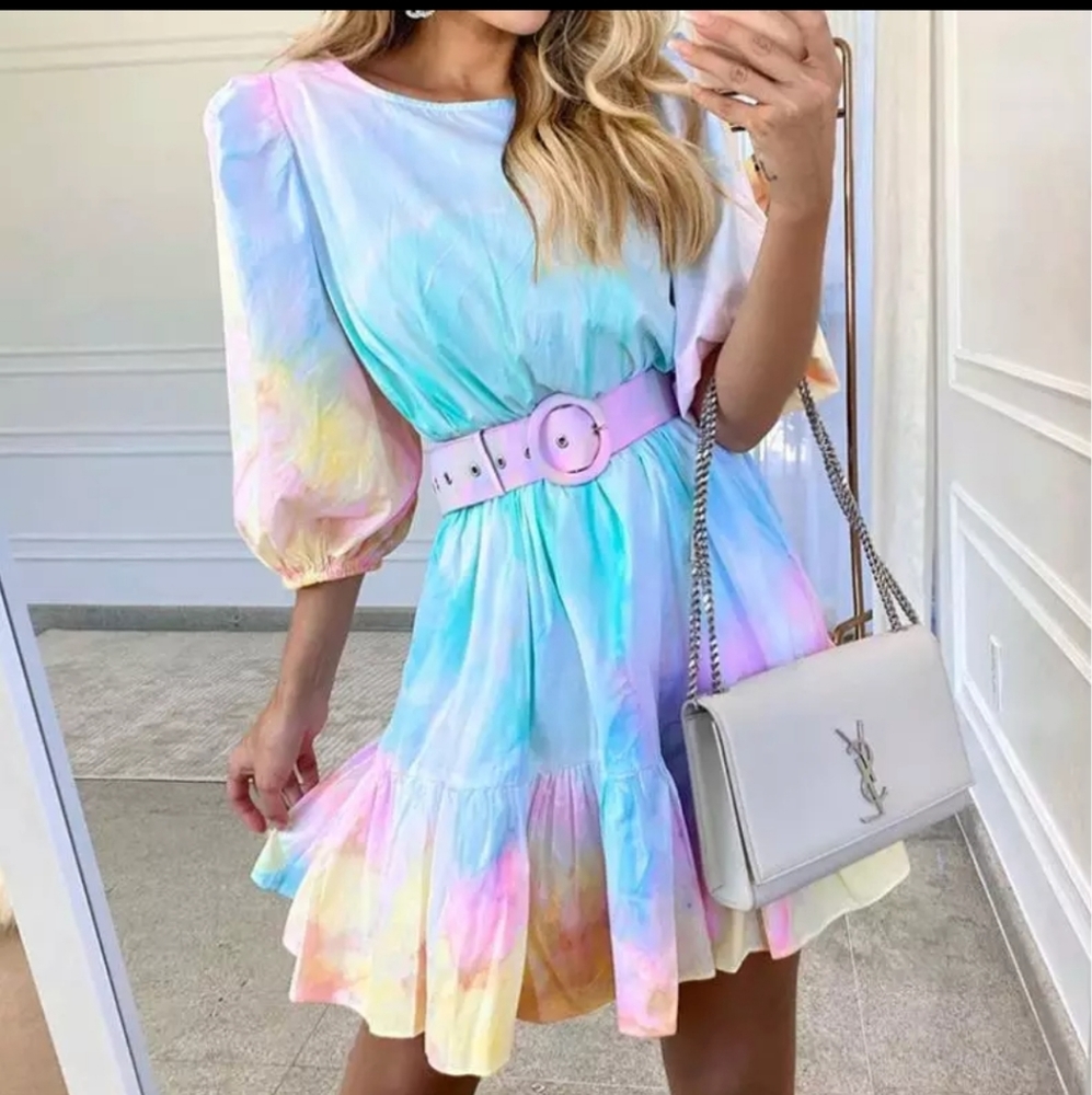 NWT Pastel Rainbow Tie Dye Sleeve Mini Dress S:Medium